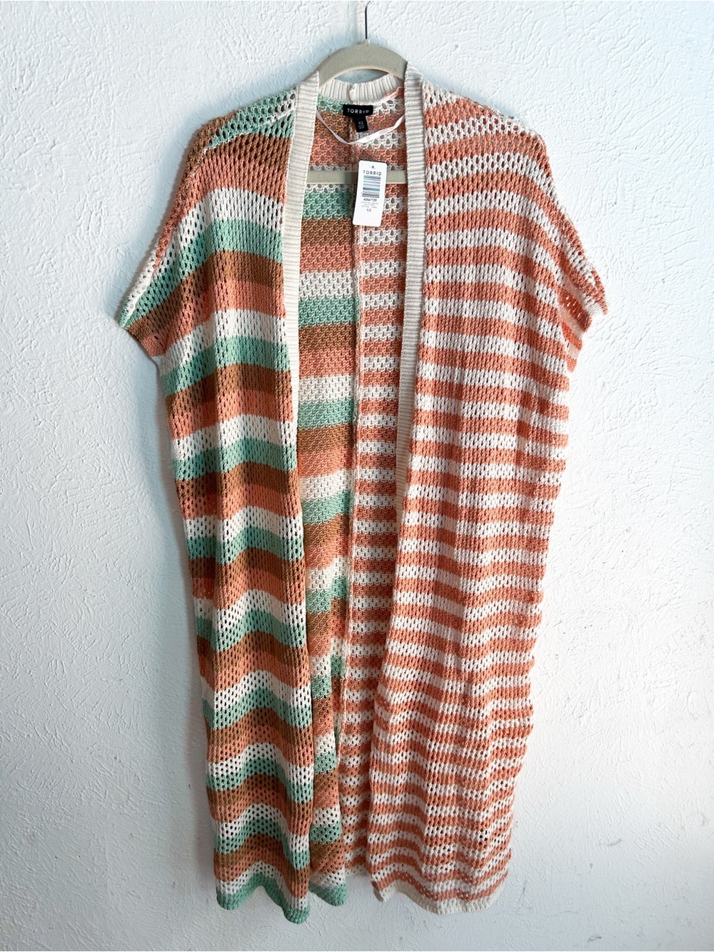 Torrid Duster Vest Sweater Crochet Knit Stripe Orange Cream Sz 1/2 NWT